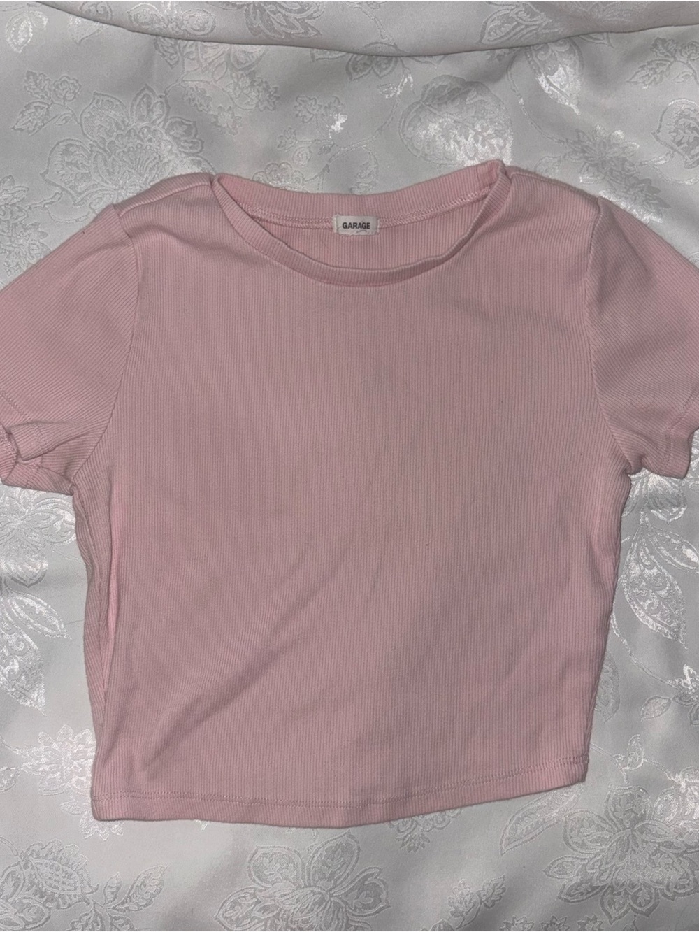 Garage Light Pink Ribbed Short Sleeve Crop Top